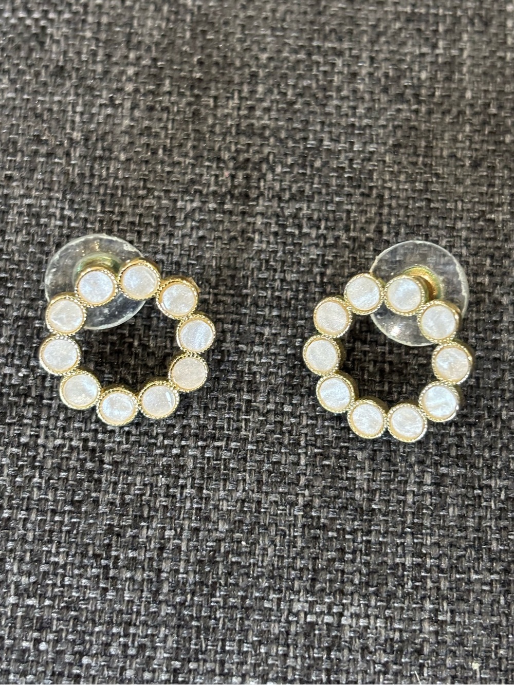 Circular White Shell Earrings | Gold-Toned Metal Trim | Post Backs | OS | EUC